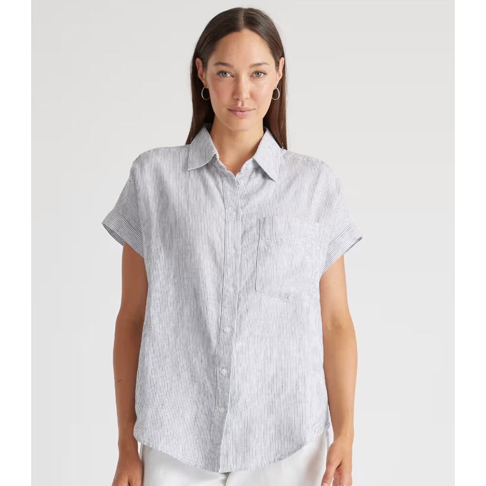 Quince 100% European Linen Camp Shirt, Pinstripe Blue, XL